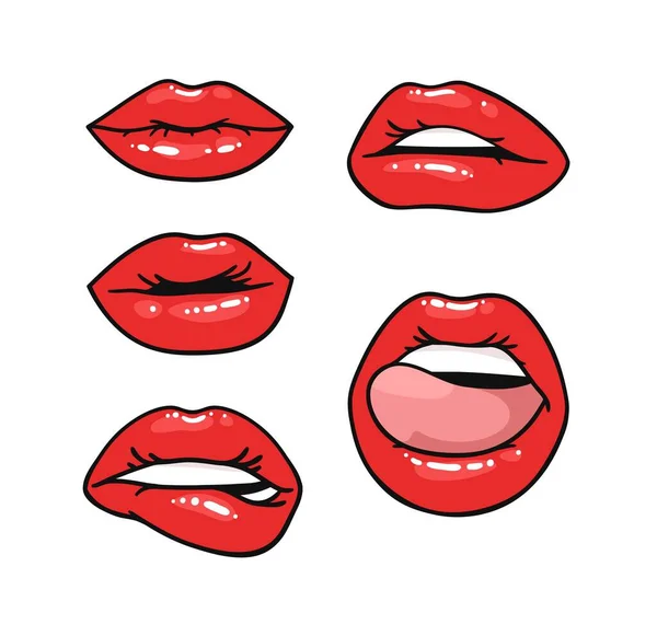 光沢のある赤い口紅とセクシーな女性の唇 ポップアートスタイルベクトルファッションイラスト女性の口 異なる感情を表現するジェスチャーコレクション — ストックベクタ