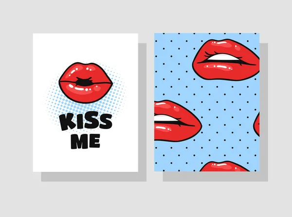 Set Cards Sexy Female Lips Gloss Red Lipstick Pop Art — стоковий вектор