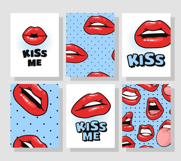 Zestaw Kart Sexy Female Lips Gloss Red Lipstick Pop Art — Wektor stockowy