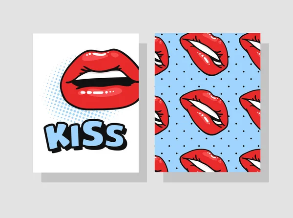 Set Cards Sexy Female Lips Gloss Red Lipstick Pop Art — стоковий вектор