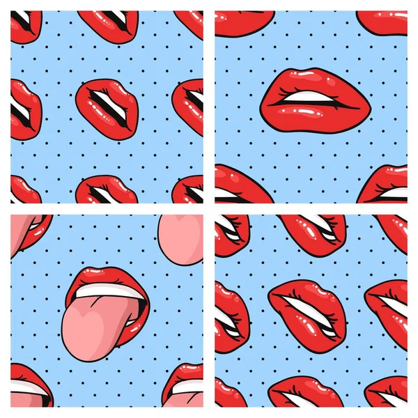 光沢のある赤い口紅とセクシーな女性の唇とシームレスなパターン ポップアートスタイルベクトルファッションイラスト女性の口 異なる感情を表現するジェスチャーコレクション — ストックベクタ