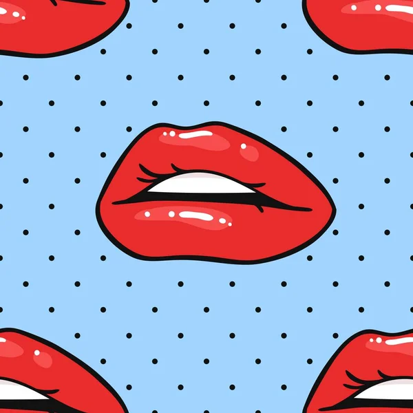 Seamless Pattern Sexy Female Lips Gloss Red Lipstick Pop Art — Stock Vector