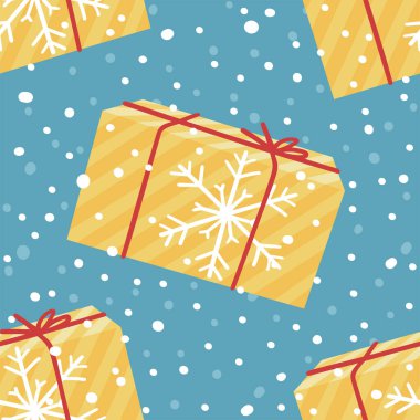 Karlı Noel Hediye Kutusu olan Kusursuz Çizgi Film Düzeni. Yaratıcı Düz Stil Sanat Koleksiyonu. Holiday Things Paketleme 'nin gerçek vektör çizimi. Sıcak Kış Resimleri