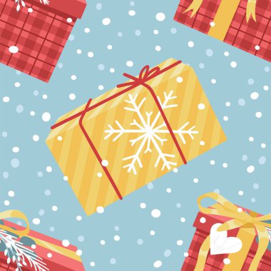 Karlı Noel Hediye Kutusu olan Kusursuz Çizgi Film Düzeni. Yaratıcı Düz Stil Sanat Koleksiyonu. Holiday Things Paketleme 'nin gerçek vektör çizimi. Sıcak Kış Resimleri