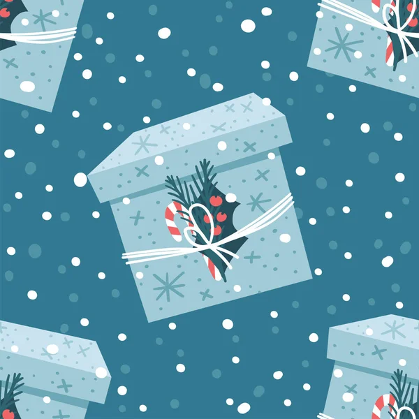 Cartoon Seamless Pattern Snowy Christmas Gift Box Creative Flat Style — Stock Vector