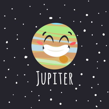 Cosmos 'taki El Çizimi Çocuk Resimli Gaz Devi. Uzayda Vektör Çizim Gezegeni. Karikatür Güneş Sistemi nesnesi Jüpiter