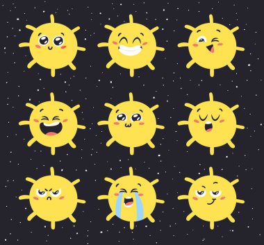 Cosmos 'ta Emoji Hand' in Çocukça Resimli Güneşi. Uzayda Vektör Çizim Yıldızı. Çizgi film Güneş Sistemi nesnesi Duygu Simgesi
