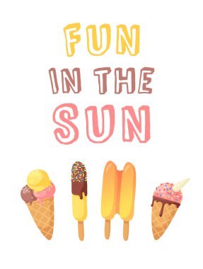 El Çekimi Dondurma Vektörü Sanatsal Çizim ve Alıntı. Yaz Illustration Fast Food Duygusallığı. Komik Emoji ve Metin