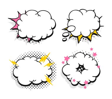 Mesajsız pop sanatının konuşma baloncukları. Çerçevelerin çizgi film tarzı vektör koleksiyonu. Beyaz arkaplanda çizgi roman illüstrasyonu