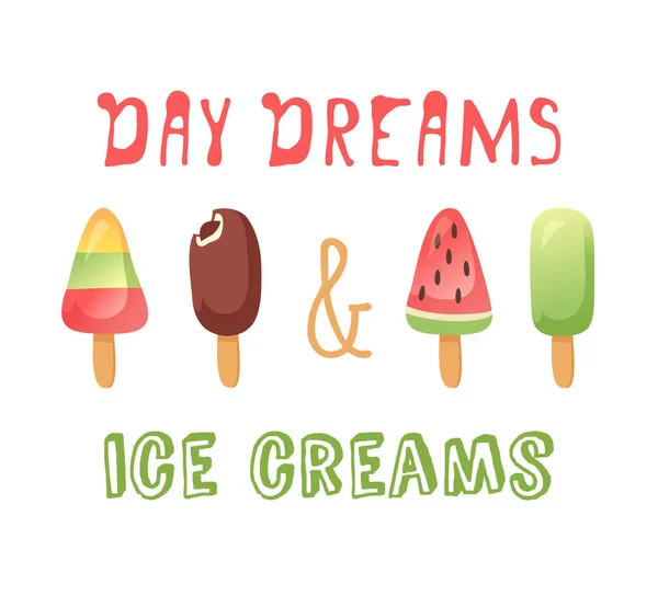 手绘冰淇淋矢量艺术绘图和报价 夏天的插图甜蜜的快餐情怀 有趣的Emoji和文字 — 图库矢量图片
