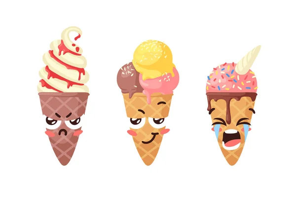 手绘冰淇淋锥形矢量画图 夏天的插图甜蜜的快餐情怀 有趣的Emoji — 图库矢量图片