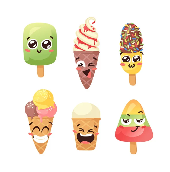 ハンド ドロー アイスクリーム ベクトル芸術的ドローイング 夏のイラスト甘いファーストフードの感情 面白い絵文字 — ストックベクタ