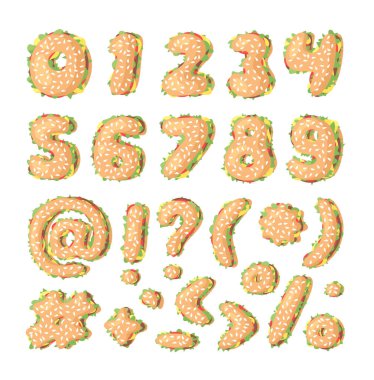 El Çizimi Çizimi Burger Alfabe Numarası ve İşaretleri. Fast Food Vector Yazı Tipi. Lezzetli Resimler Yemek ve Metin. Düz Biçim Koleksiyonu