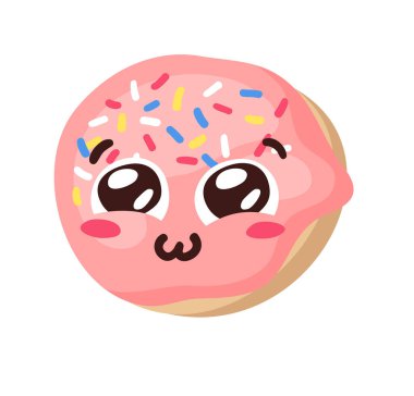 El Çizimi Çizimi Çizimi Donut Emoji. Fast Food Vector Sweet Emoticon 'ı çiziyor. Lezzetli İmaj Yemekleri. Düz Stil Amerikan Mutfağı Koleksiyonu