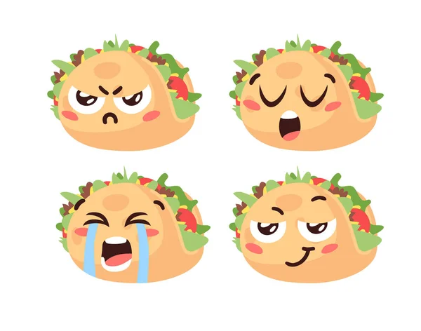 Ručně Kreslené Kreslené Kreslené Ilustrace Tacos Emoji Vektor Rychlého Občerstvení — Stockový vektor