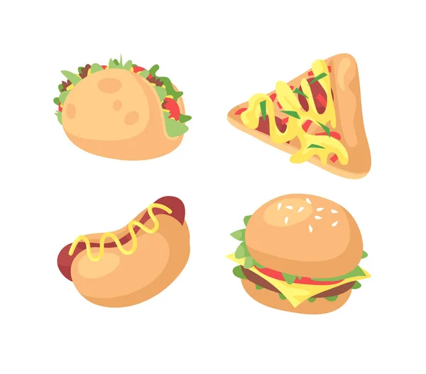 Hand Tecknad Tecknad Illustration Tacos Pizza Varmkorv Burger Snabbmatsvektor Ritning — Stock vektor