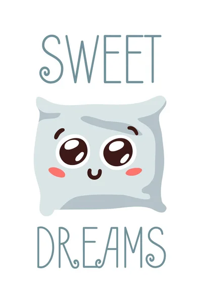 Hand Drawn Funny Pillow Emoji Text Sweet Dreams Cartoon Character — Stockový vektor
