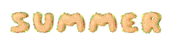 手绘卡通汉堡字母表 速食病媒类型 味道鲜美的食物和文字 平面风格系列 — 图库矢量图片