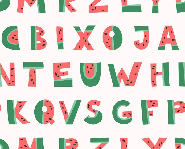 Desenhos Animados Funny Watermelon Font Alfabeto Fruta Vetorial Desenhado Mão —  Vetores de Stock