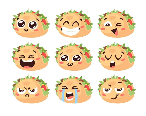 Ręcznie Rysowane Kreskówki Ilustracja Tacos Emoji Fast Food Wektor Rysunku — Wektor stockowy