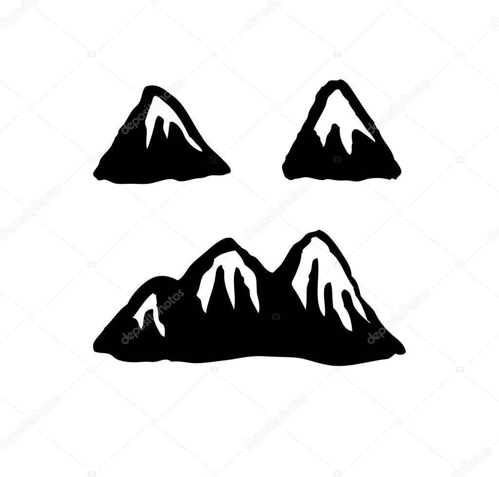 Hand Drawn Paint Mountain Isolated. Vector Illustration Ski Resort Logo. Drawing Camping Element Winter Landscape
