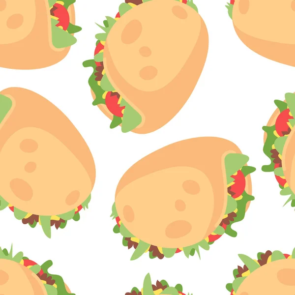 Hand Tecknad Illustration Tacos Snabbmatsvektor Sömlöst Mönster Smaklig Bildmåltid Flat — Stock vektor