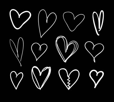 Siyah beyaz kalem çizim nesneleri. El çizimi soyut illüstrasyon grunge elementleri. Tasarım için vektör soyut kalpler