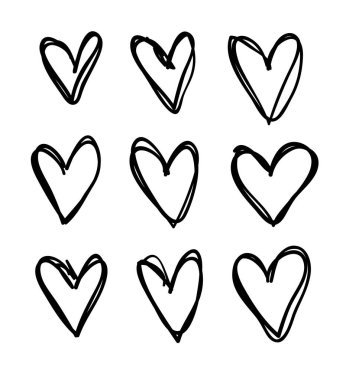 Siyah beyaz kalem çizim nesneleri. El çizimi soyut illüstrasyon grunge elementleri. Tasarım için vektör soyut kalpler