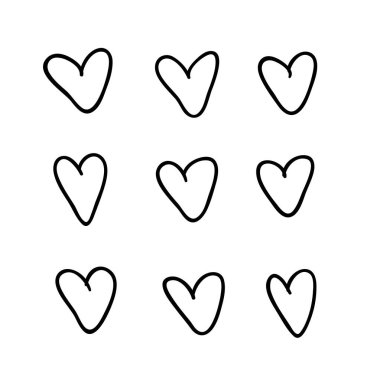 Siyah beyaz kalem çizim nesneleri. El çizimi soyut illüstrasyon grunge elementleri. Tasarım için vektör soyut kalpler