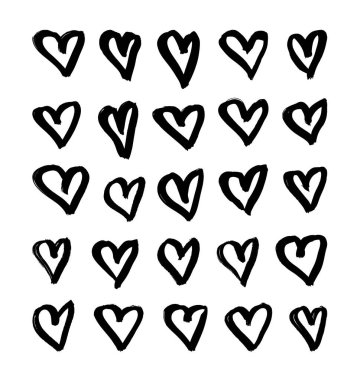 Vektör sanat illüstrasyonu grunge kalpleri. Tasarım için el çizimi nesneler. Siyah ve beyaz soyut fırça çizimi