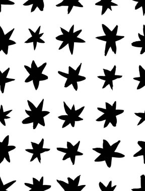 Vektör sanat illüstrasyonu grunge yıldızları. Tasarım için el çizimi kar taneleri. Siyah ve beyaz arka plan. Soyut fırça çizimi