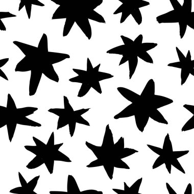 Vektör sanat illüstrasyonu grunge yıldızları. Tasarım için el çizimi kar taneleri. Siyah ve beyaz arka plan. Soyut fırça çizimi