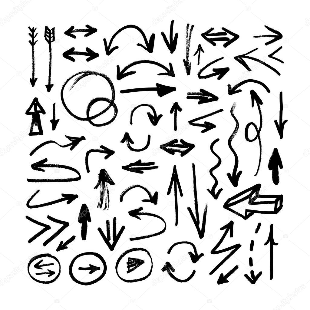 Vector art illustration grunge arrows. Set of hand drawn paint object for design. Abstract brush drawing