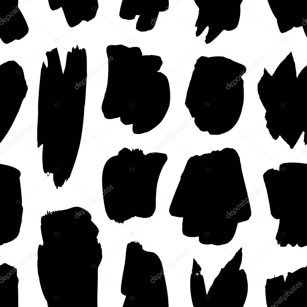 Paint drawing seamless pattern black and white smear. Hand drawn abstract illustration grunge elements. Vector abstract objects for design 
