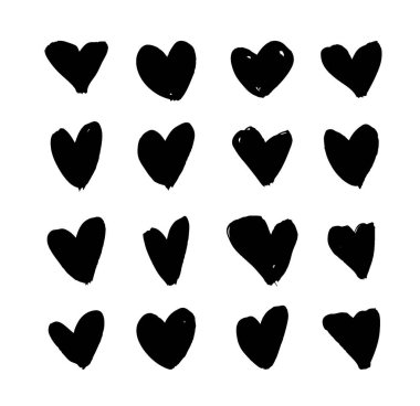 Vektör sanat illüstrasyonu grunge kalpleri. Tasarım için el çizimi nesneler. Siyah ve beyaz soyut fırça çizimi