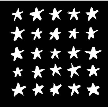 Vektör sanat illüstrasyonu grunge yıldızları. Tasarım için el çizimi kar taneleri. Siyah ve beyaz arka plan. Soyut fırça çizimi