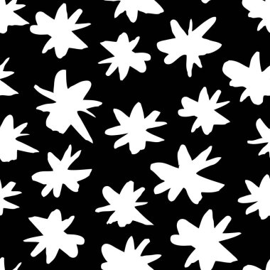 Vektör sanat illüstrasyonu grunge yıldızları. Tasarım için el çizimi kar taneleri. Siyah ve beyaz arka plan. Soyut fırça çizimi