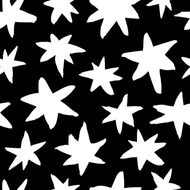 Vektör sanat illüstrasyonu grunge yıldızları. Tasarım için el çizimi kar taneleri. Siyah ve beyaz arka plan. Soyut fırça çizimi