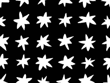 Vektör sanat illüstrasyonu grunge yıldızları. Tasarım için el çizimi kar taneleri. Siyah ve beyaz arka plan. Soyut fırça çizimi