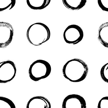 Elle çizilmiş siyah ve beyaz daireleri olan kusursuz bir desen. Tasarımınız için nesneleri boyayın. Vektör sanat çizimi. Fırça grunge illüstrasyonu