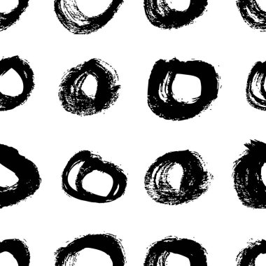 Elle çizilmiş siyah ve beyaz daireleri olan kusursuz bir desen. Tasarımınız için nesneleri boyayın. Vektör sanat çizimi. Fırça grunge illüstrasyonu