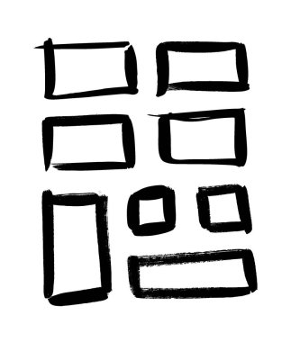 Siyah beyaz karelerden oluşan bir çizim seti. El çizimi soyut illüstrasyon grunge elementleri. Tasarım için vektör soyut nesneler 