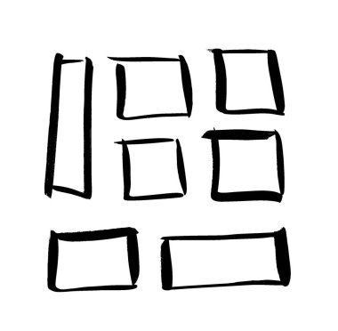 Siyah beyaz karelerden oluşan bir çizim seti. El çizimi soyut illüstrasyon grunge elementleri. Tasarım için vektör soyut nesneler 