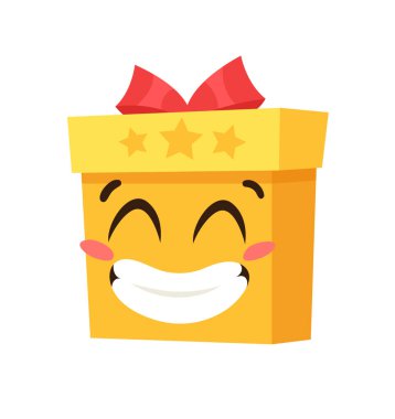 Beyaz arka planda Noel Emoji Hediye Kutusu çizilmiş. Yaratıcı düz sanat. Gerçek vektör çizim dekorasyonları. Çizgi film Karakteri Duygusallığı