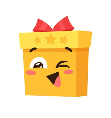 Beyaz arka planda Noel Emoji Hediye Kutusu çizilmiş. Yaratıcı düz sanat. Gerçek vektör çizim dekorasyonları. Çizgi film Karakteri Duygusallığı