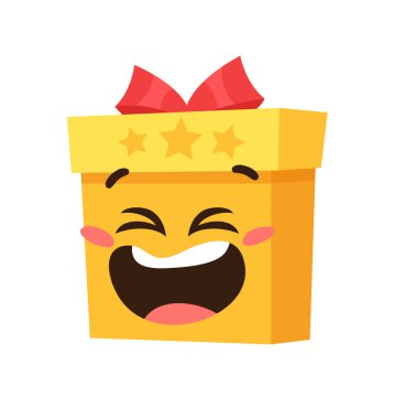 Beyaz arka planda Noel Emoji Hediye Kutusu çizilmiş. Yaratıcı düz sanat. Gerçek vektör çizim dekorasyonları. Çizgi film Karakteri Duygusallığı