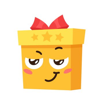 Beyaz arka planda Noel Emoji Hediye Kutusu çizilmiş. Yaratıcı düz sanat. Gerçek vektör çizim dekorasyonları. Çizgi film Karakteri Duygusallığı