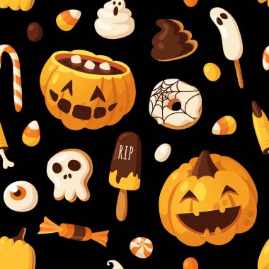 El çizimi Cadılar Bayramı çizimi, kusursuz desen. Yaratıcı karikatür tarzı sanat eserleri. Parti için yiyecek ve içecek çeken gerçek vektör. Sanatsal tecrit Mevsimi nesneleri