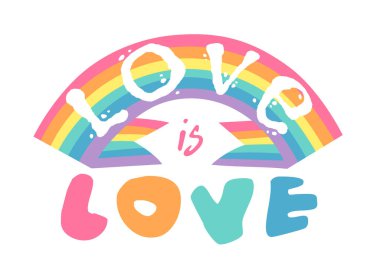 Vektör Düz Çizim Gökkuşağı ve metin. Çizgi film Renkli Gurur Çizimi. LGBTQ Bayrak Desteği Simgesi ve Alıntısı