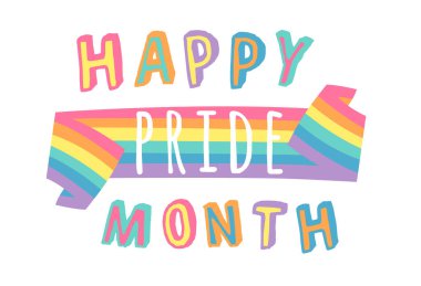 Vektör Düz Çizim Gökkuşağı ve metin. Çizgi film Renkli Gurur Çizimi. LGBTQ Bayrak Desteği Simgesi ve Alıntısı